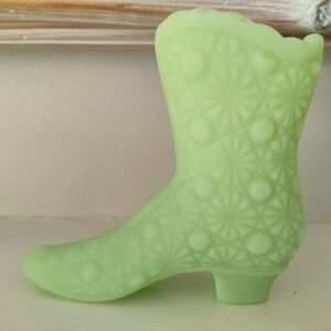 Vintage MCM Fenton Art Glass Uranium Custard Tall Boot Daisy & Button Pattern